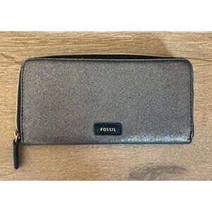 $65 Fossil Jayda Zip Clutch Wallet Grey Black Gunmetal  Metallic